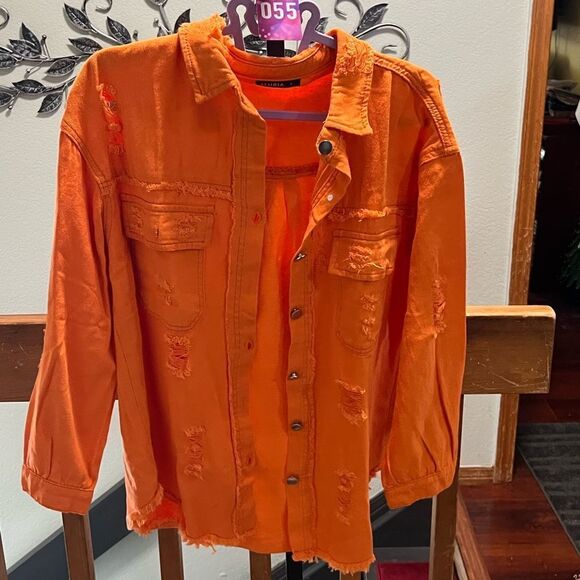 New Orange Distressed HI/Low Button-Up Shirt Great Layering Top. #055 - Picture 1 of 8